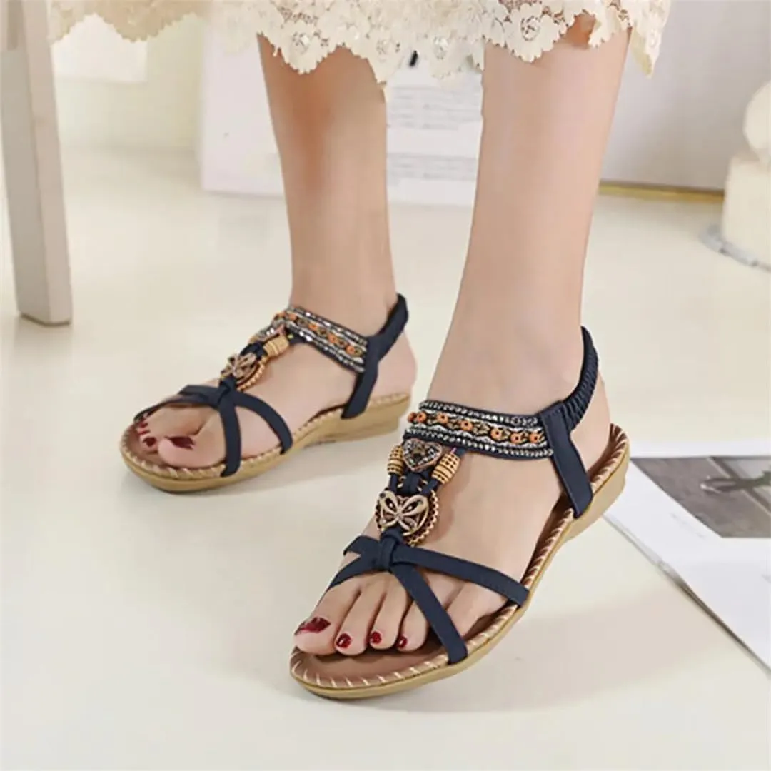 Women's Flower Print Sandals Summer Shoes Elastic Strap Women's Beach Shoes Open Toe Flats