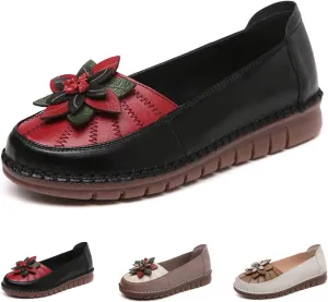 Women's Flower SOFE Sole Slip On Flat Loafers,Hand Stitching Vintage Leather Comfort Outdoor Non-Slip Elderly Women Walking Nurse Work Flats Loafer Single Shoes