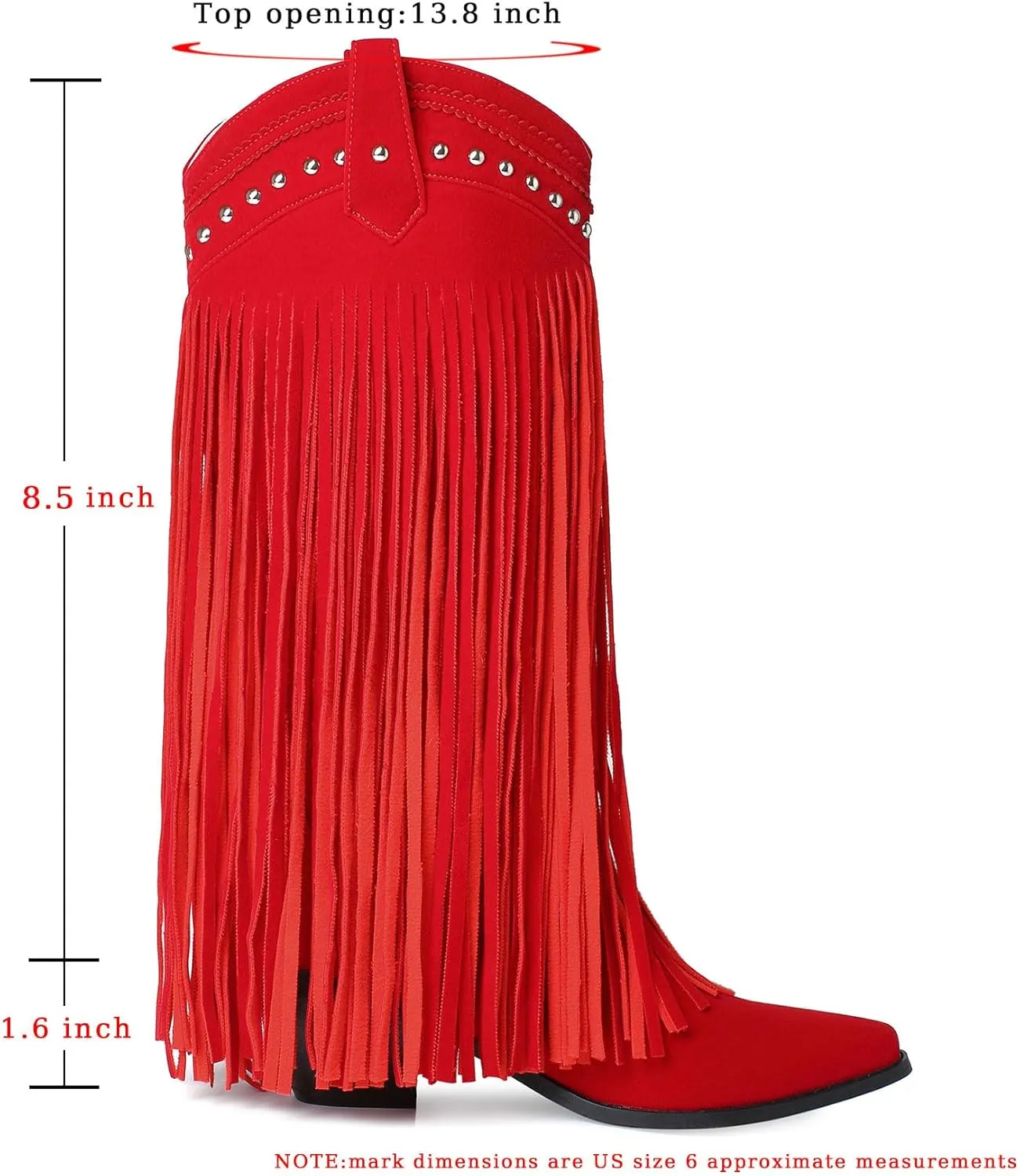 Women's Fringe Cowboy Boots with Studded Chunky Heels Mid Calf Western Cowgirl Boots Almond Square Toe Tassel Tall Boots