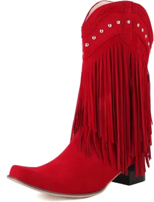 Women's Fringe Cowboy Boots with Studded Chunky Heels Mid Calf Western Cowgirl Boots Almond Square Toe Tassel Tall Boots