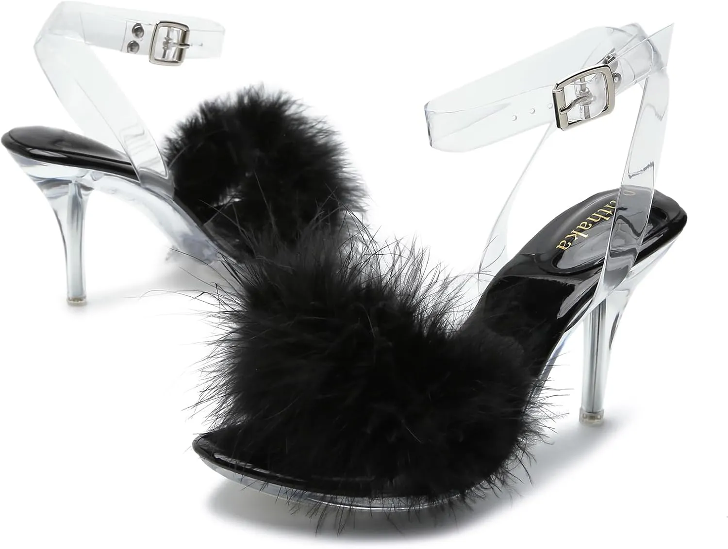 Women's Fuzzy Clear Heels Ankle StrapStilettos Heels Mules Sandals Fluffy Feather Slip On High Heeled Party Prom Dresses Shoes