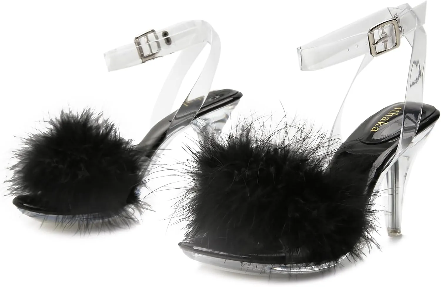 Women's Fuzzy Clear Heels Ankle StrapStilettos Heels Mules Sandals Fluffy Feather Slip On High Heeled Party Prom Dresses Shoes