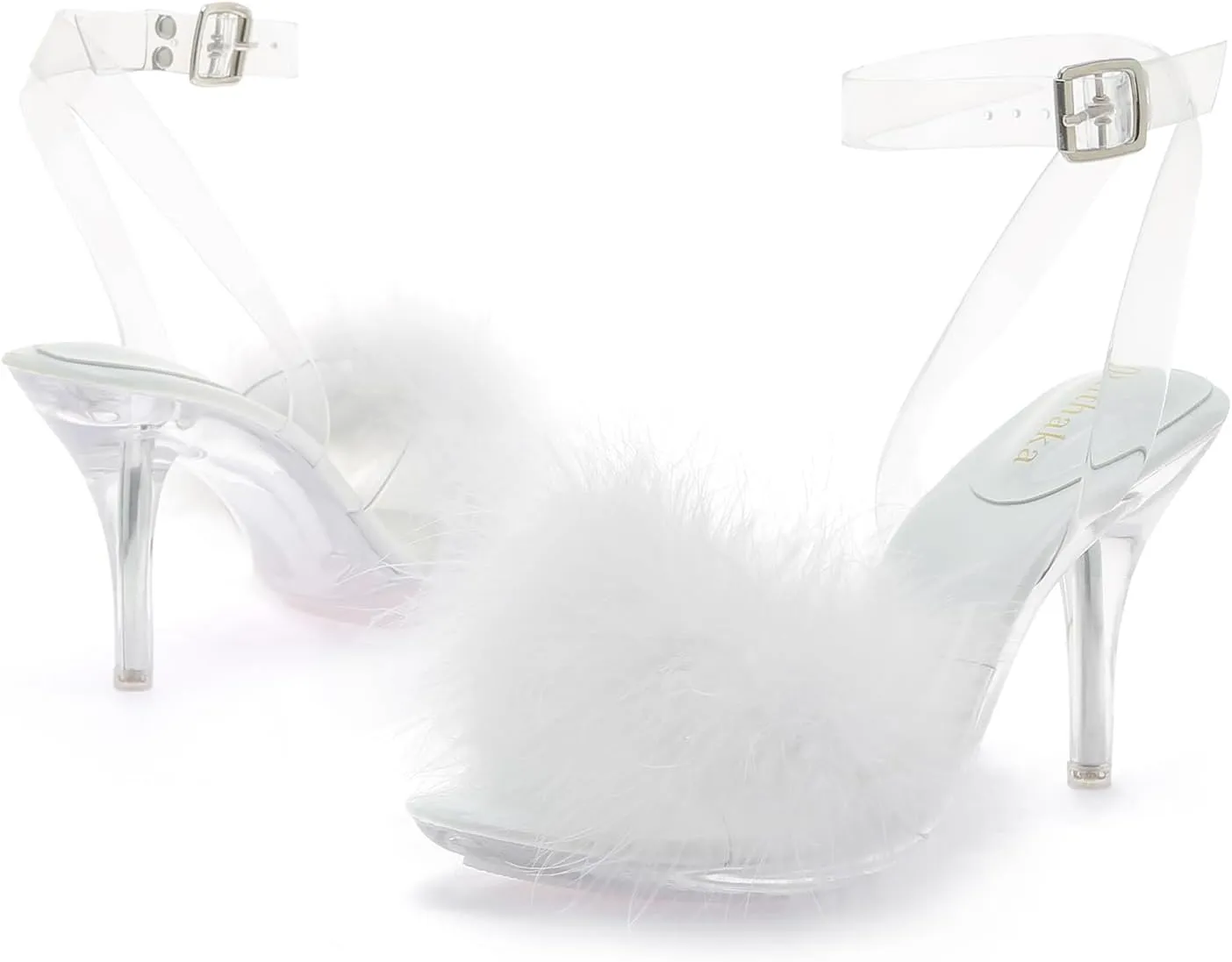 Women's Fuzzy Clear Heels Ankle StrapStilettos Heels Mules Sandals Fluffy Feather Slip On High Heeled Party Prom Dresses Shoes