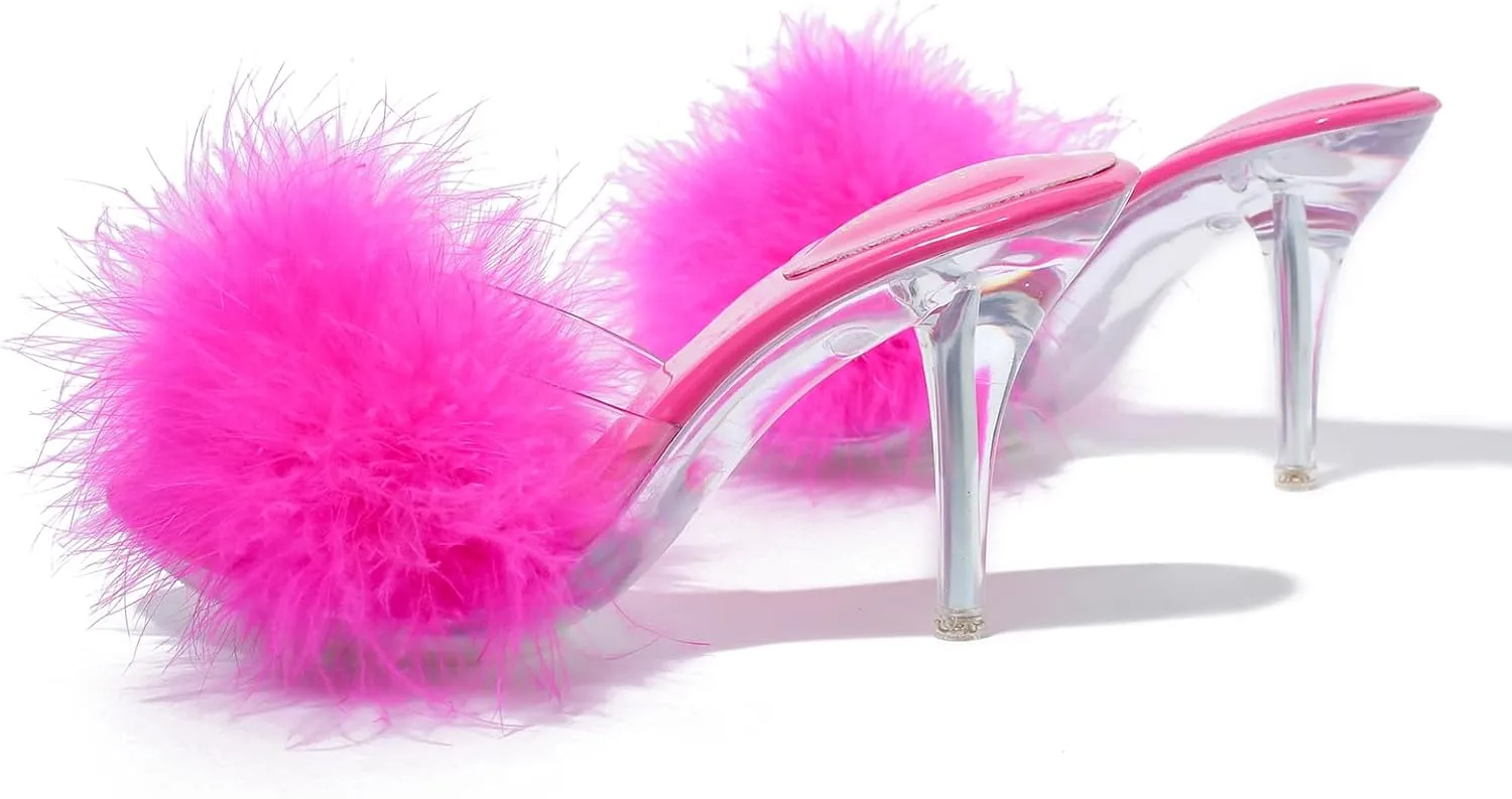 Women's Fuzzy Slippers Clear Heels Pointed Toe Stilettos Heels Mules Sandals Fluffy Feather Slip On High Heeled Party Prom Dresses Shoes
