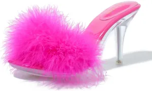 Women's Fuzzy Slippers Clear Heels Pointed Toe Stilettos Heels Mules Sandals Fluffy Feather Slip On High Heeled Party Prom Dresses Shoes