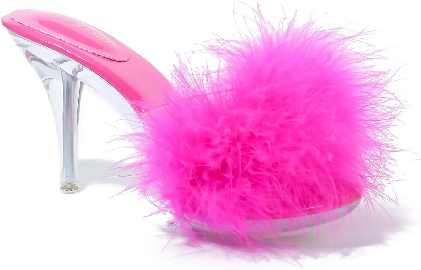 Women's Fuzzy Slippers Clear Heels Pointed Toe Stilettos Heels Mules Sandals Fluffy Feather Slip On High Heeled Party Prom Dresses Shoes
