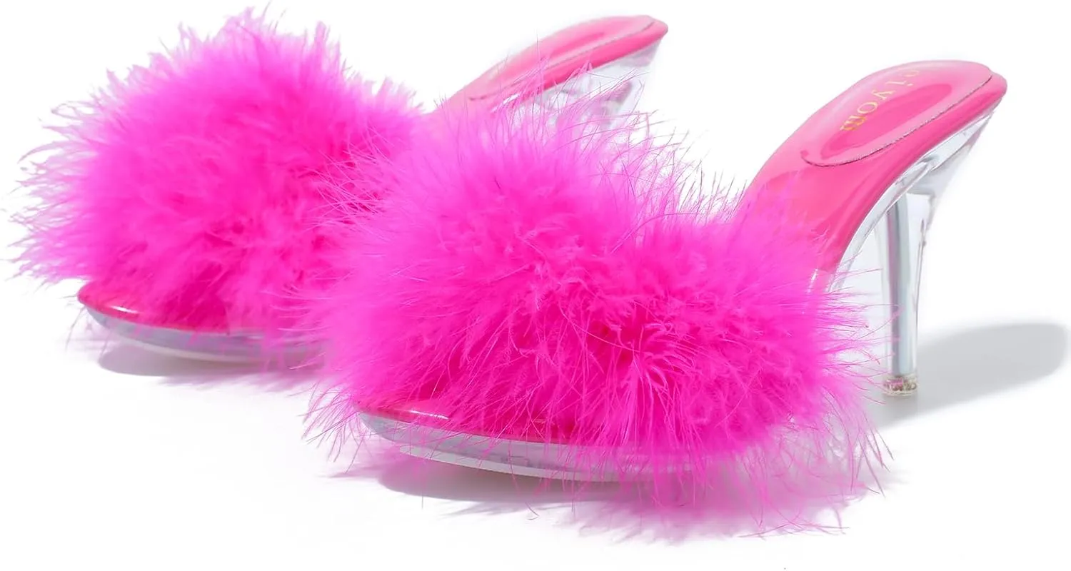Women's Fuzzy Slippers Clear Heels Pointed Toe Stilettos Heels Mules Sandals Fluffy Feather Slip On High Heeled Party Prom Dresses Shoes