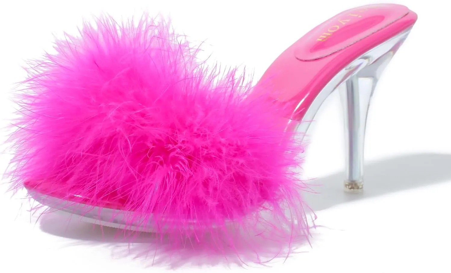Women's Fuzzy Slippers Clear Heels Pointed Toe Stilettos Heels Mules Sandals Fluffy Feather Slip On High Heeled Party Prom Dresses Shoes