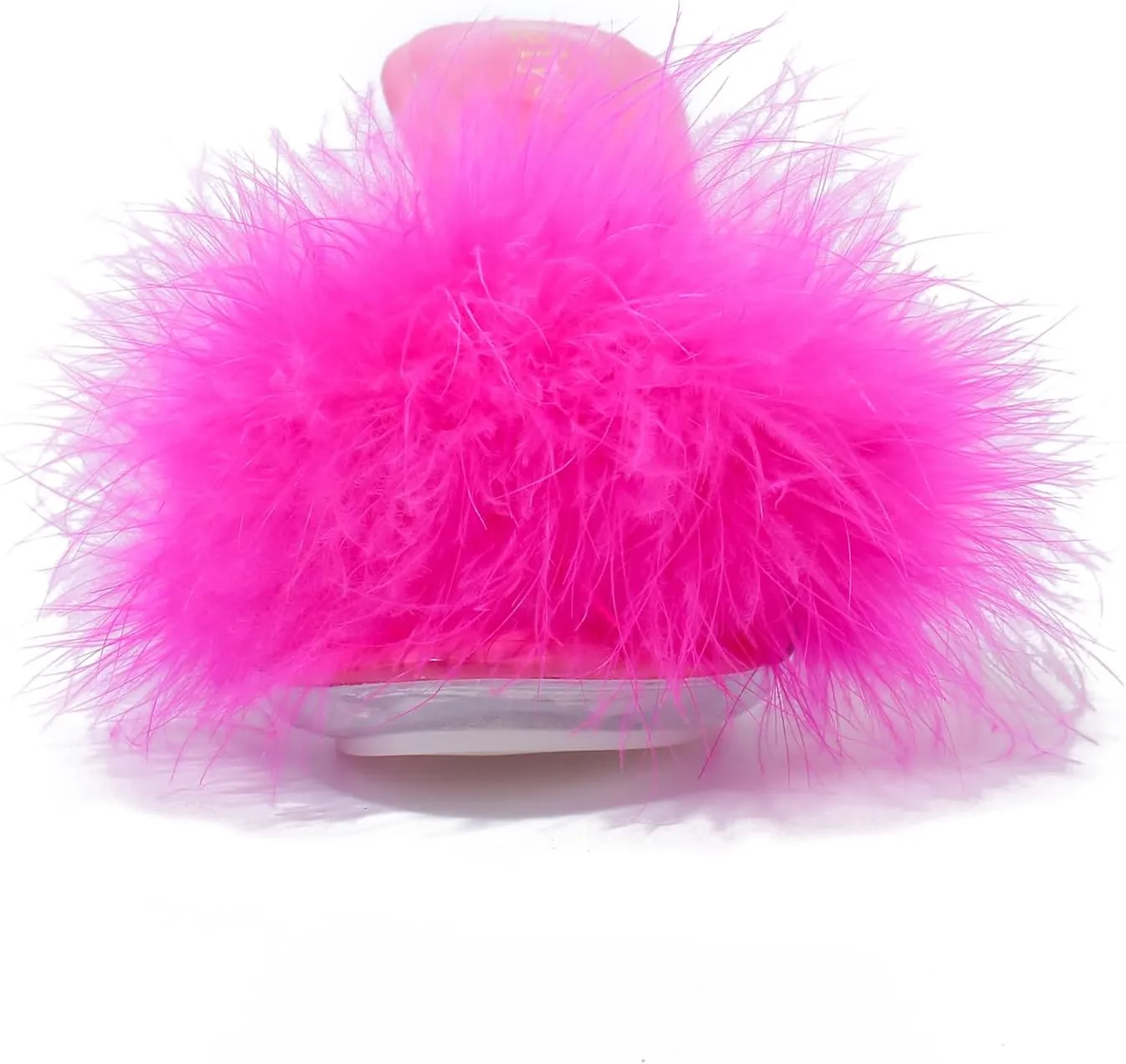 Women's Fuzzy Slippers Clear Heels Pointed Toe Stilettos Heels Mules Sandals Fluffy Feather Slip On High Heeled Party Prom Dresses Shoes