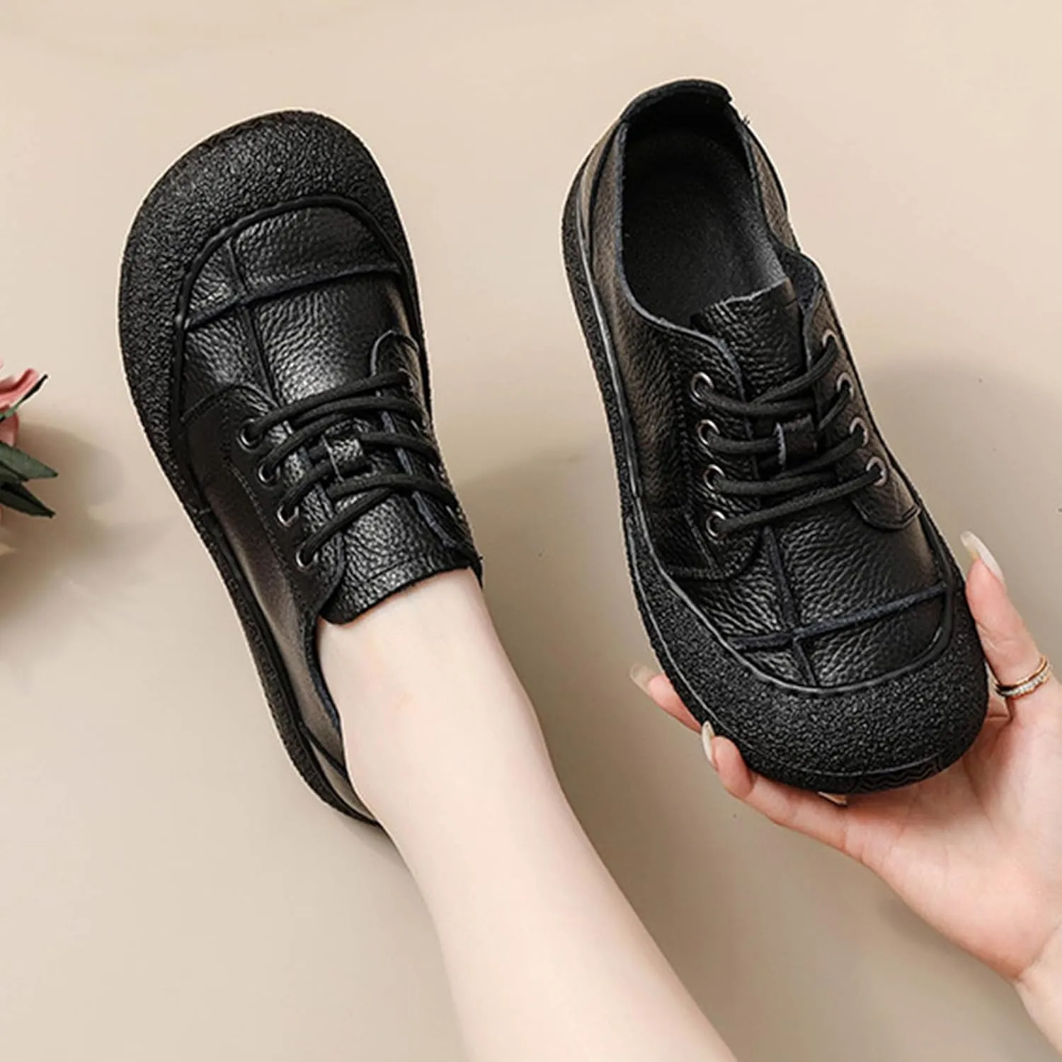 Women's Genuine Leather Soft Sole Sneakers Vintage Round Wide Toe Comfortable Non-Slip Walking Driving Lace-up Loafers Lightweight Fashion Wide Head Sports Shoes