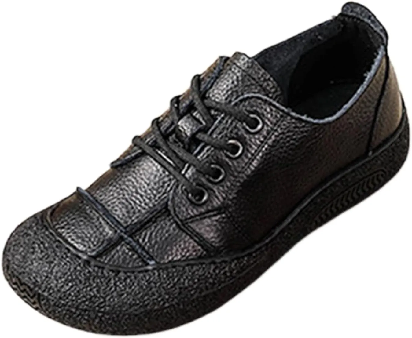 Women's Genuine Leather Soft Sole Sneakers Vintage Round Wide Toe Comfortable Non-Slip Walking Driving Lace-up Loafers Lightweight Fashion Wide Head Sports Shoes