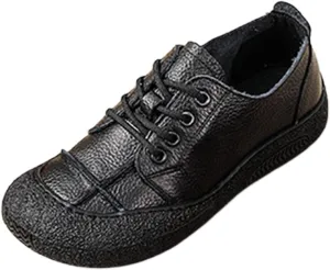 Women's Genuine Leather Soft Sole Sneakers Vintage Round Wide Toe Comfortable Non-Slip Walking Driving Lace-up Loafers Lightweight Fashion Wide Head Sports Shoes