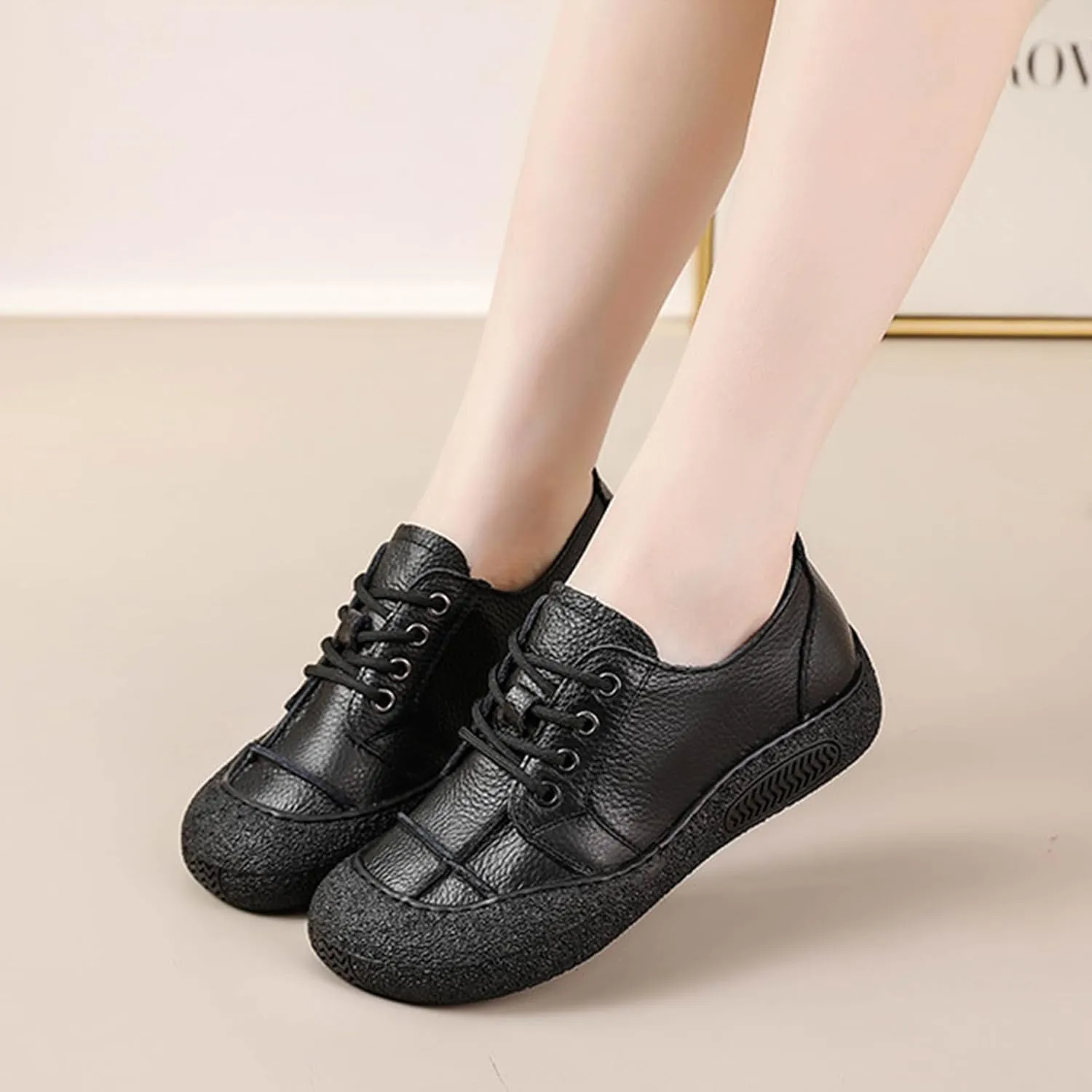 Women's Genuine Leather Soft Sole Sneakers Vintage Round Wide Toe Comfortable Non-Slip Walking Driving Lace-up Loafers Lightweight Fashion Wide Head Sports Shoes