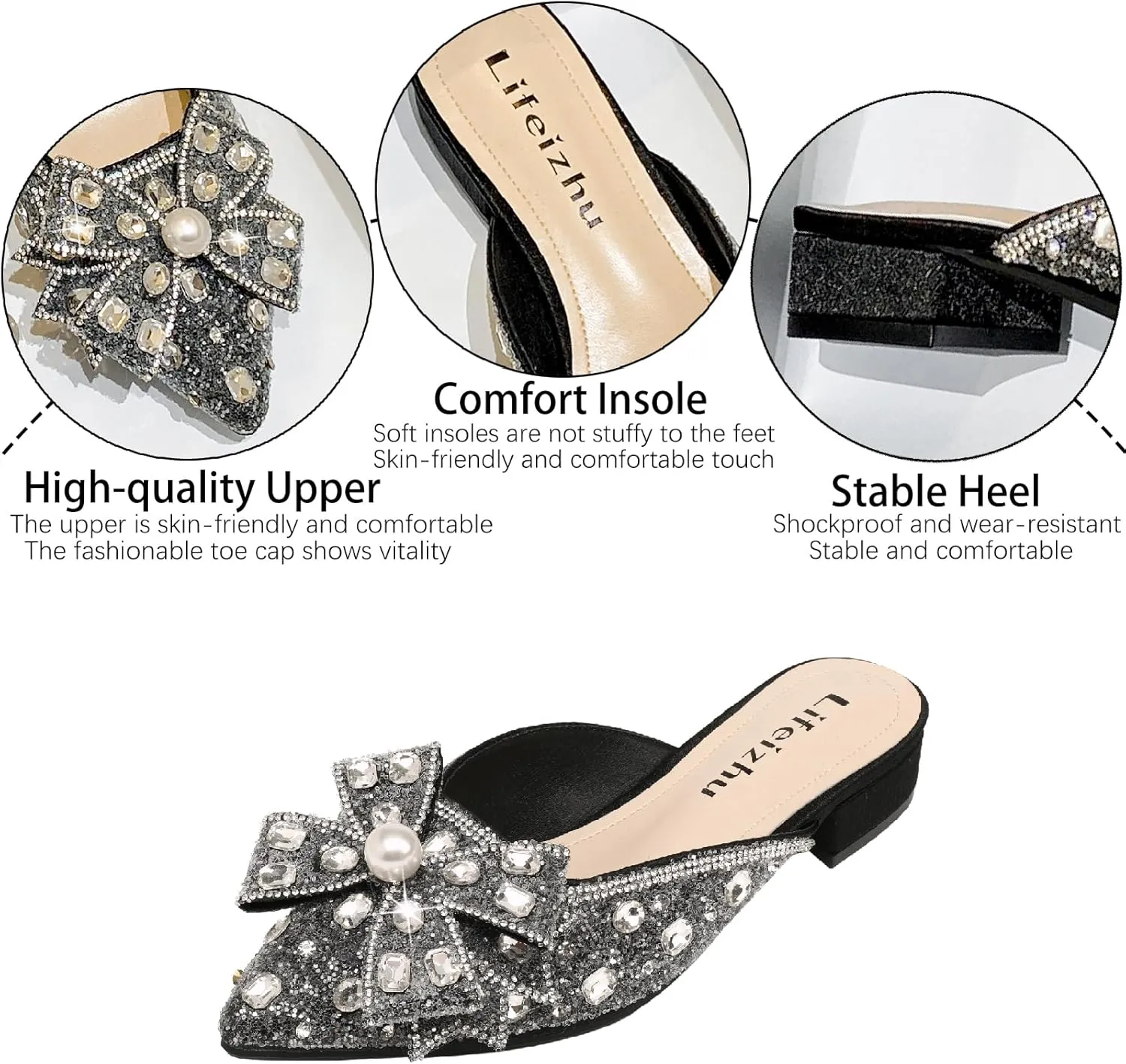 Women's Glitter Rhinestone Bow Low Heels Mules Fashion Pearl Closed Pointed Toe Slip On Comfortable Chunky Heel Clogs for Party Date Prom Wedding Dressy Slides