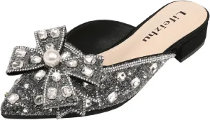 Women's Glitter Rhinestone Bow Low Heels Mules Fashion Pearl Closed Pointed Toe Slip On Comfortable Chunky Heel Clogs for Party Date Prom Wedding Dressy Slides
