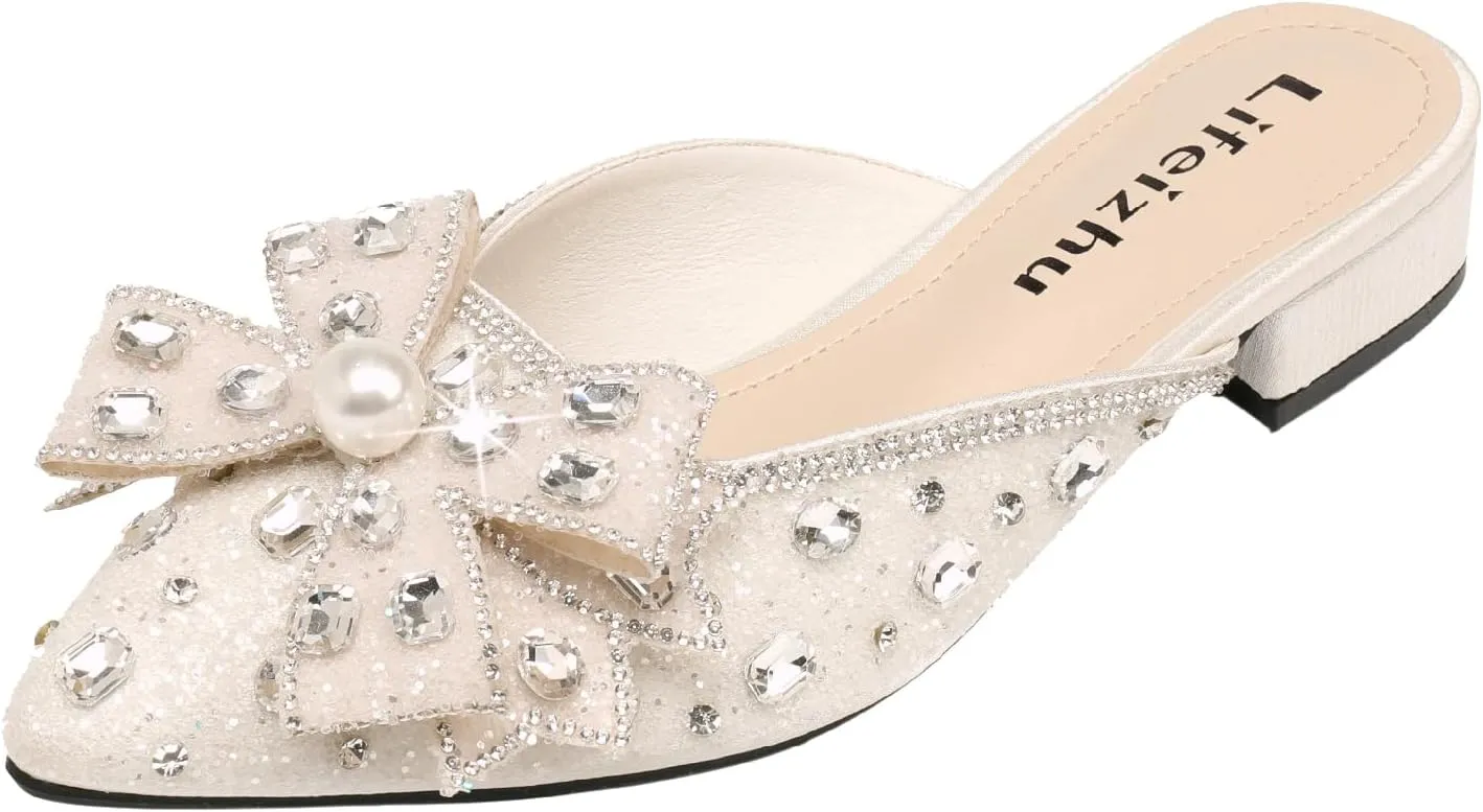 Women's Glitter Rhinestone Bow Low Heels Mules Fashion Pearl Closed Pointed Toe Slip On Comfortable Chunky Heel Clogs for Party Date Prom Wedding Dressy Slides