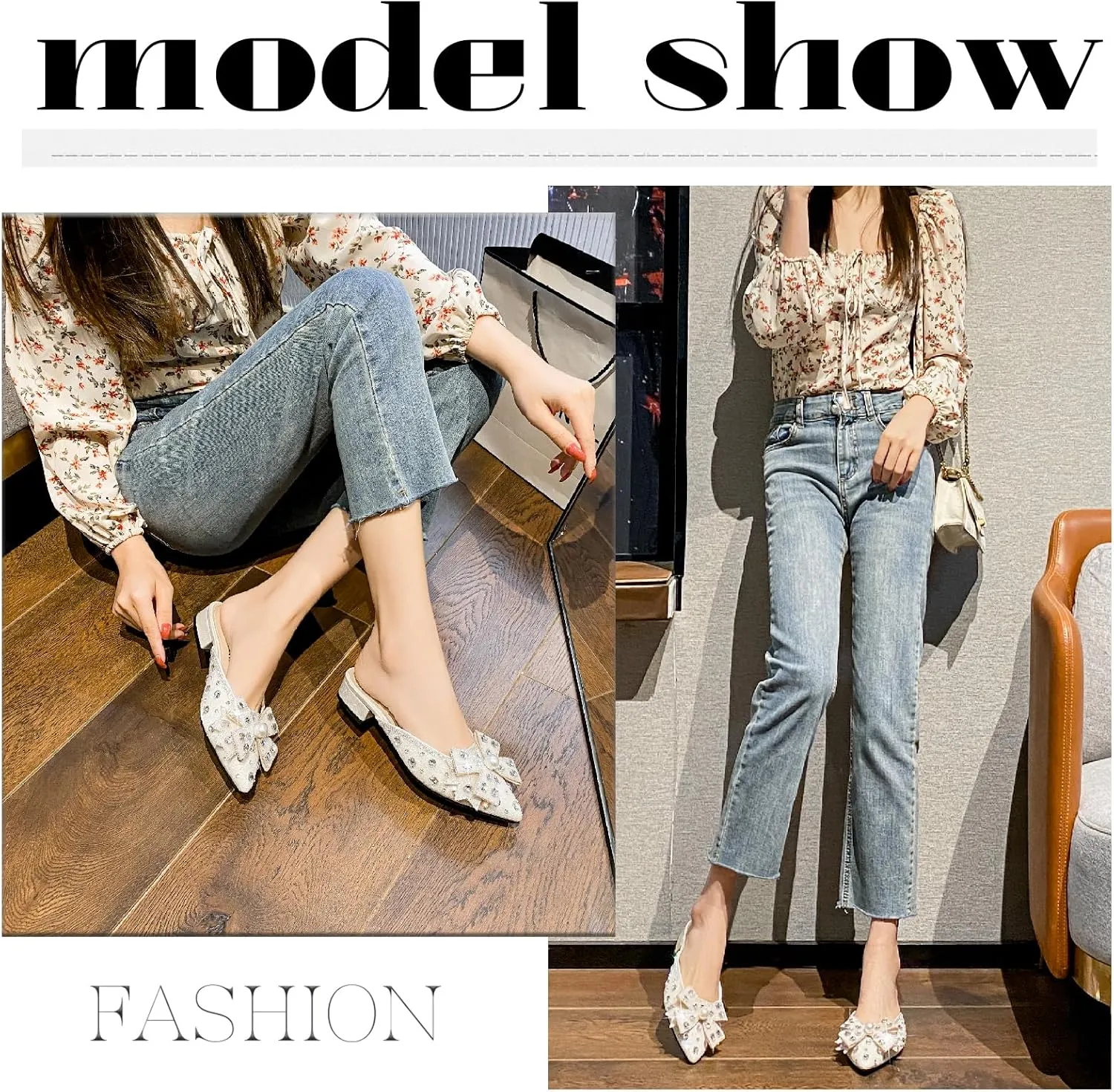Women's Glitter Rhinestone Bow Low Heels Mules Fashion Pearl Closed Pointed Toe Slip On Comfortable Chunky Heel Clogs for Party Date Prom Wedding Dressy Slides