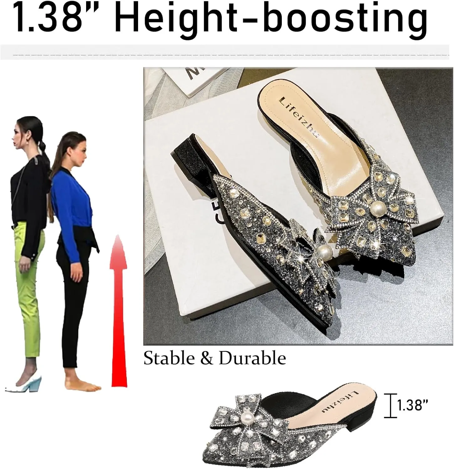Women's Glitter Rhinestone Bow Low Heels Mules Fashion Pearl Closed Pointed Toe Slip On Comfortable Chunky Heel Clogs for Party Date Prom Wedding Dressy Slides