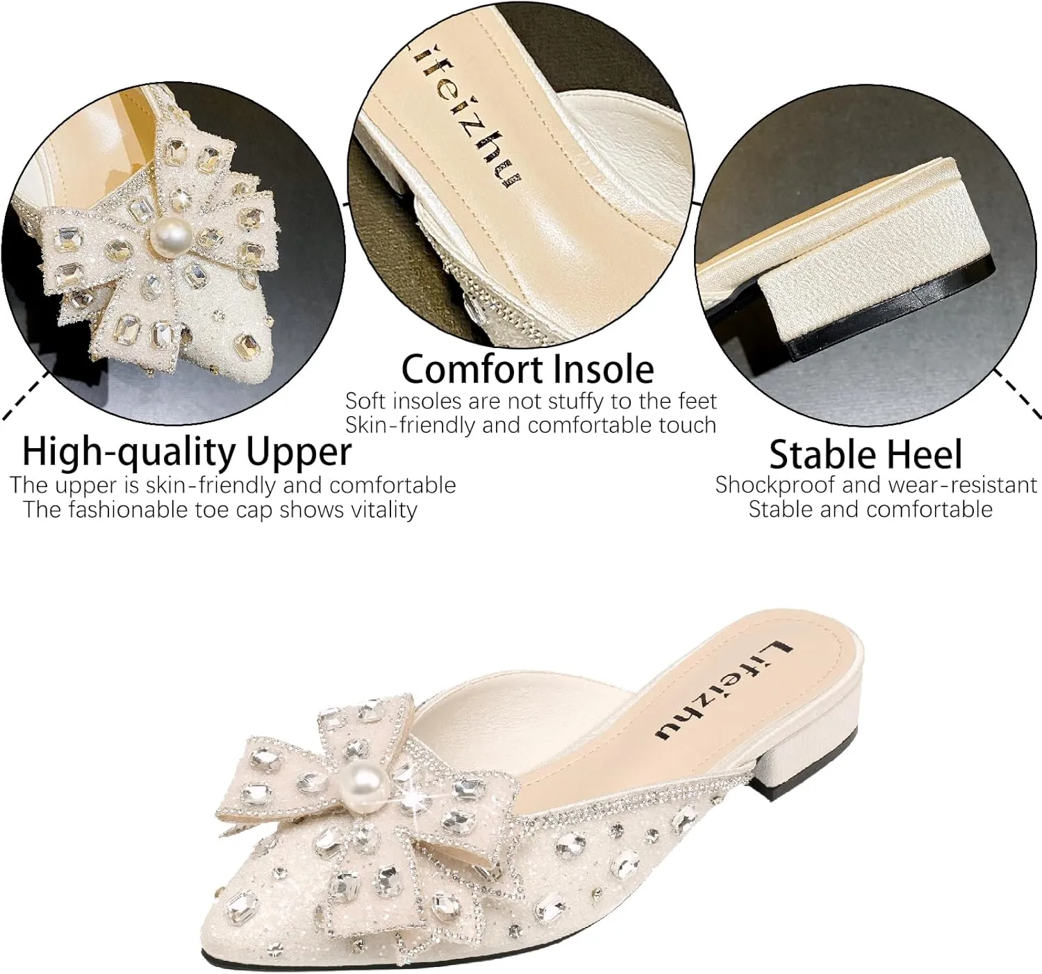 Women's Glitter Rhinestone Bow Low Heels Mules Fashion Pearl Closed Pointed Toe Slip On Comfortable Chunky Heel Clogs for Party Date Prom Wedding Dressy Slides