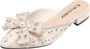 Women's Glitter Rhinestone Bow Low Heels Mules Fashion Pearl Closed Pointed Toe Slip On Comfortable Chunky Heel Clogs for Party Date Prom Wedding Dressy Slides