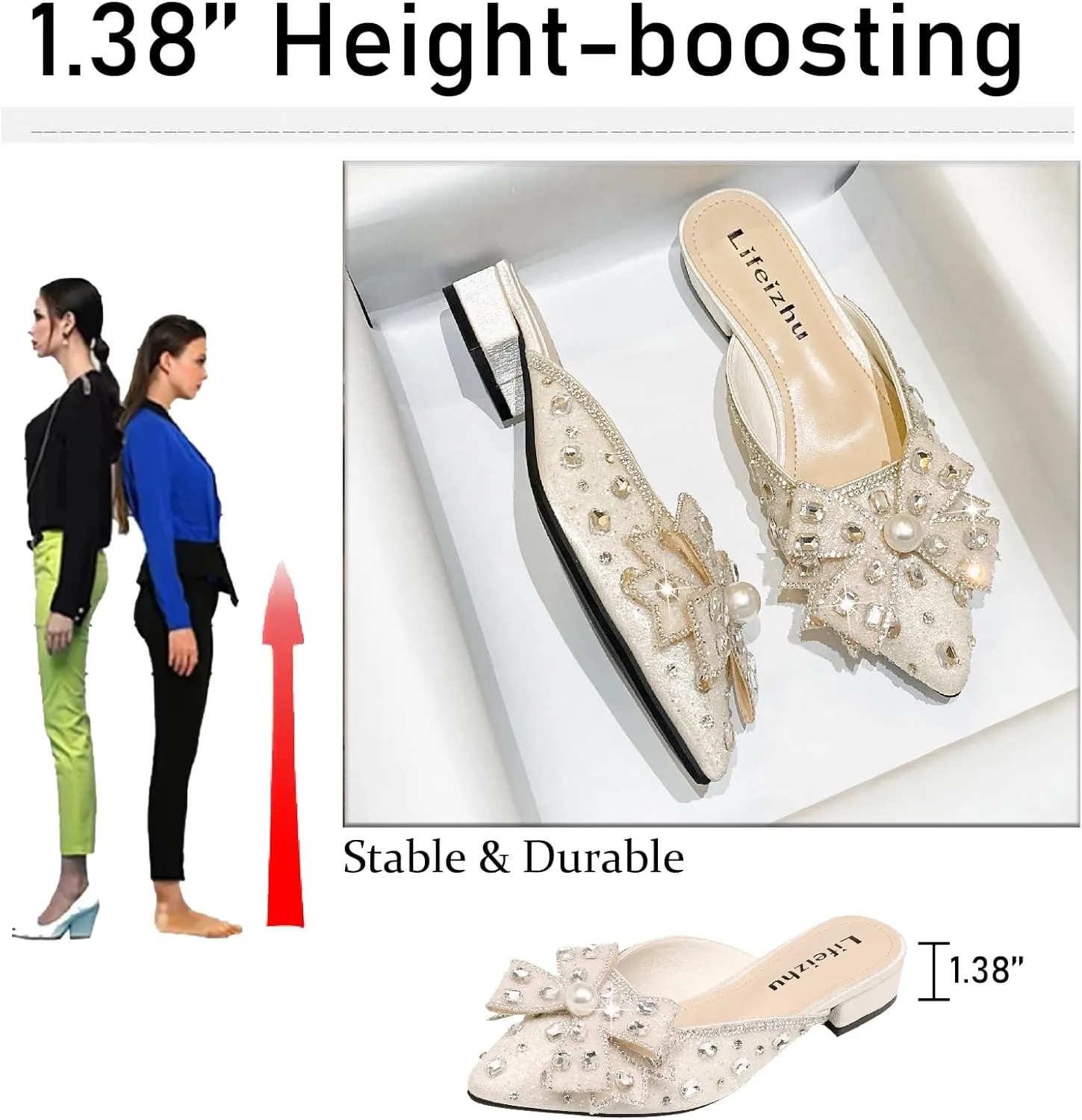 Women's Glitter Rhinestone Bow Low Heels Mules Fashion Pearl Closed Pointed Toe Slip On Comfortable Chunky Heel Clogs for Party Date Prom Wedding Dressy Slides