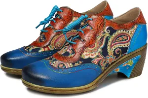 Women's Handmade Lambskin Oxford Loafers Shoes with Retro Ethnic Printed Style, Brock Design for Casual and Fashion Collegiate Style