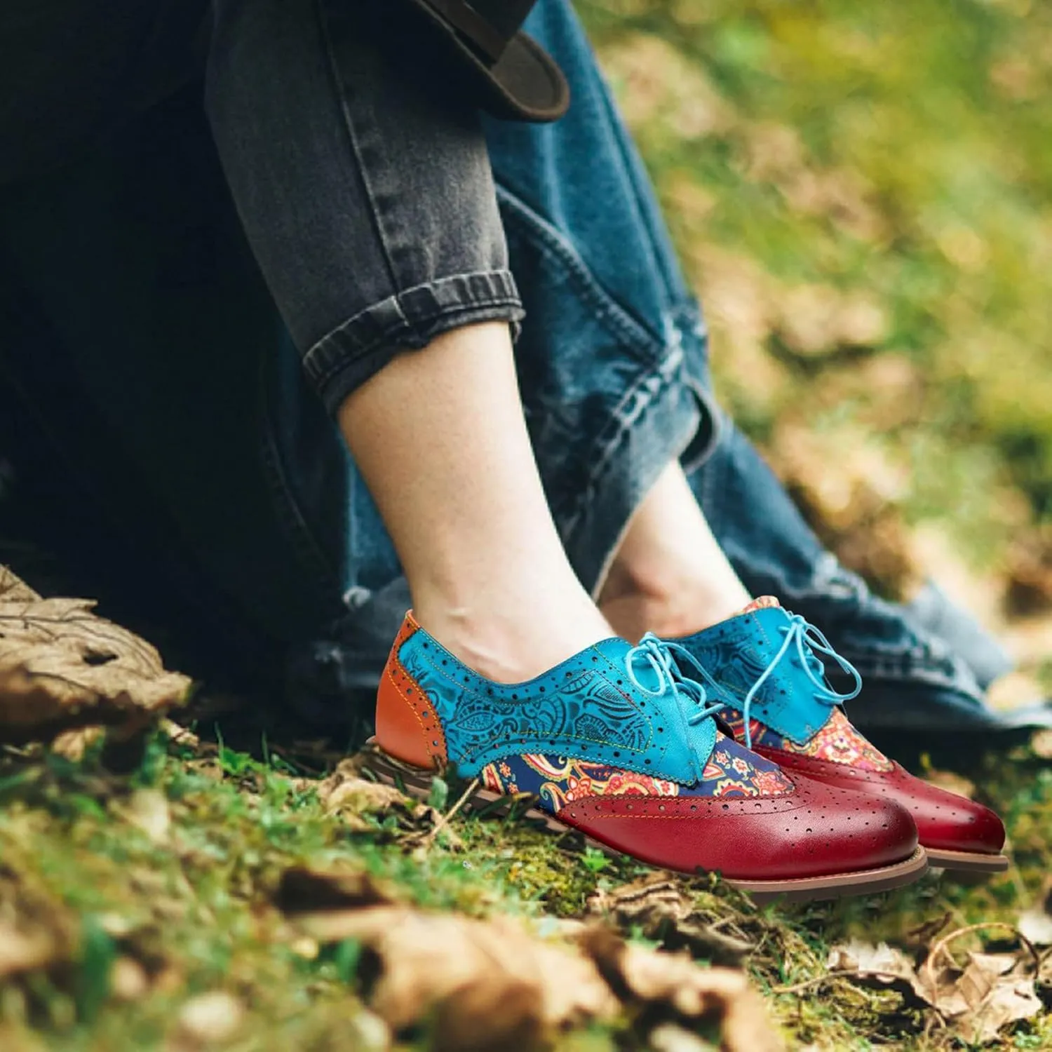 Women's Handmade Lambskin Oxford Loafers Shoes with Retro Ethnic Printed Style, Brock Design for Casual and Fashion Collegiate Style