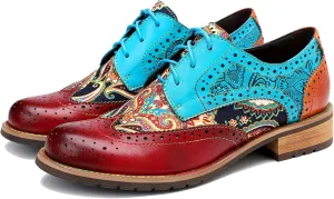 Women's Handmade Lambskin Oxford Loafers Shoes with Retro Ethnic Printed Style, Brock Design for Casual and Fashion Collegiate Style