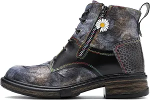 Women's Handmade Retro Lambskin High Heel Boots, Colorful Painting, Metallic Style - Fashion, Comfortable, Durable, Unique Minority Style