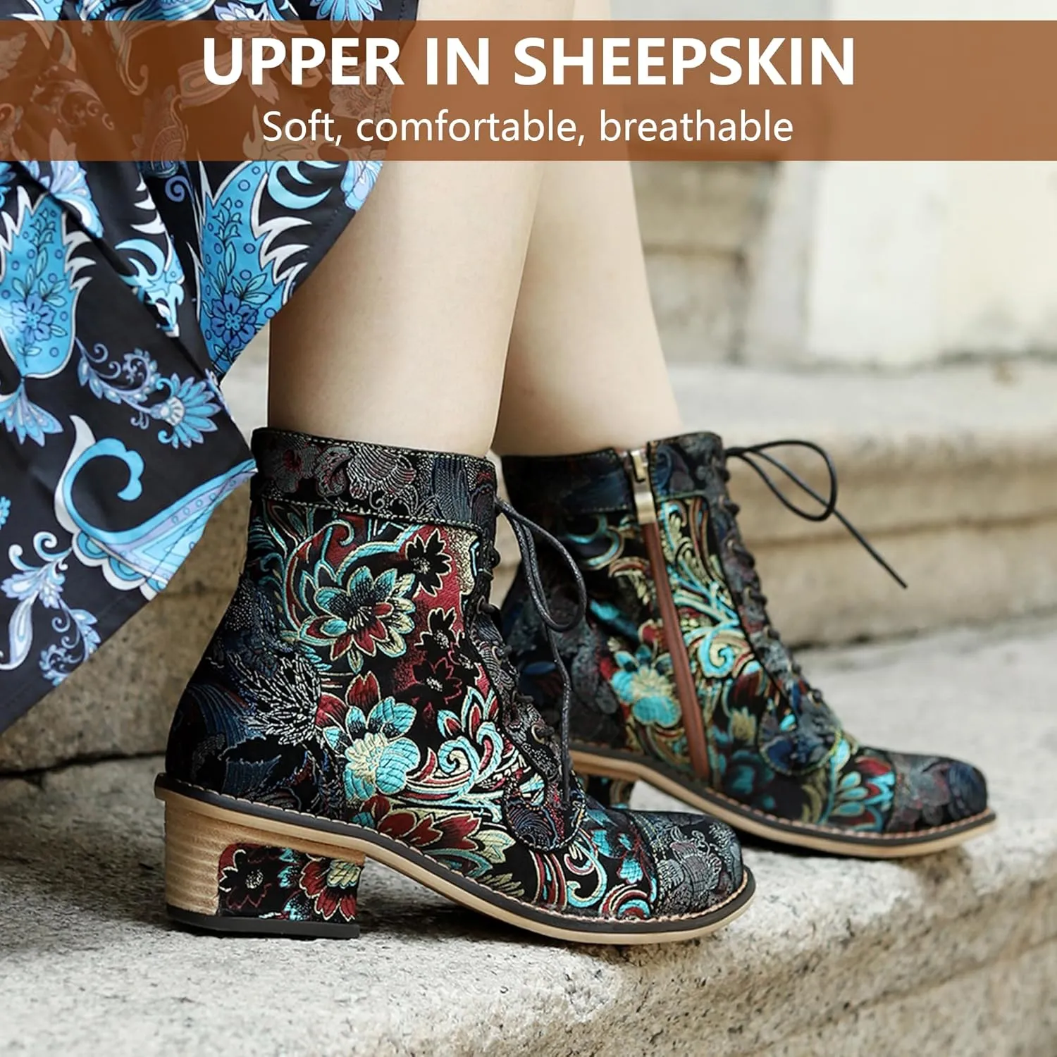 Women's Handmade Retro Lambskin High Heel Boots, Colorful Painting, Metallic Style - Fashion, Comfortable, Durable, Unique Minority Style
