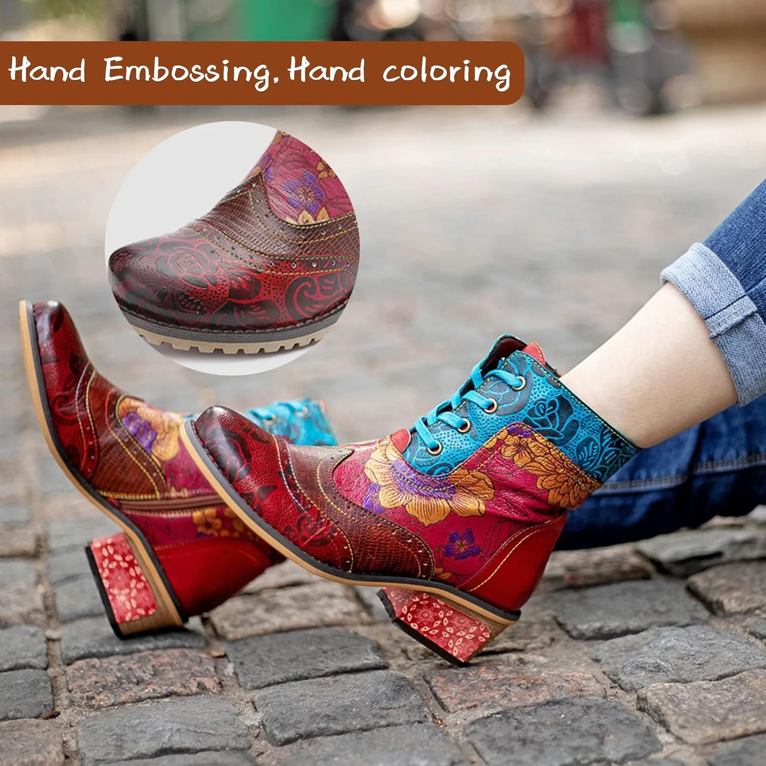 Women's Handmade Retro Lambskin High Heel Boots, Colorful Painting, Metallic Style - Fashion, Comfortable, Durable, Unique Minority Style