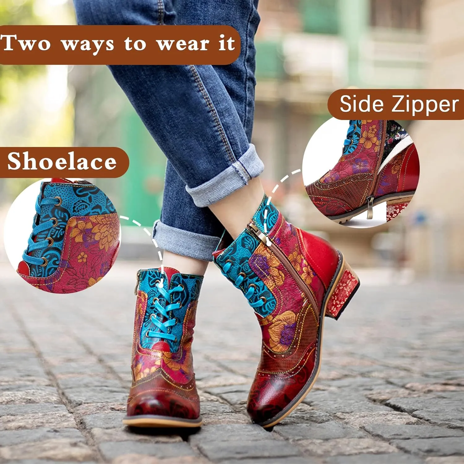 Women's Handmade Retro Lambskin High Heel Boots, Colorful Painting, Metallic Style - Fashion, Comfortable, Durable, Unique Minority Style