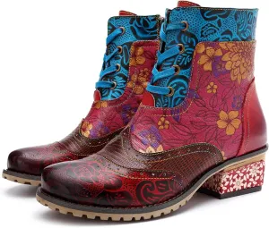 Women's Handmade Retro Lambskin High Heel Boots, Colorful Painting, Metallic Style - Fashion, Comfortable, Durable, Unique Minority Style