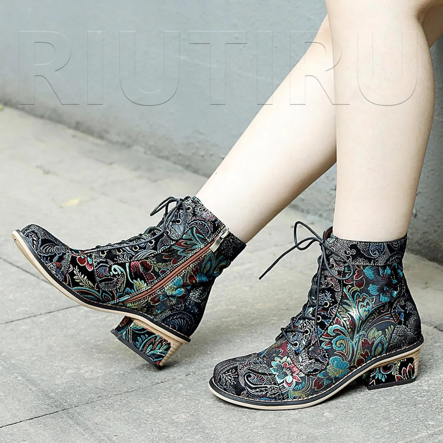 Women's Handmade Retro Lambskin High Heel Boots, Colorful Painting, Metallic Style - Fashion, Comfortable, Durable, Unique Minority Style
