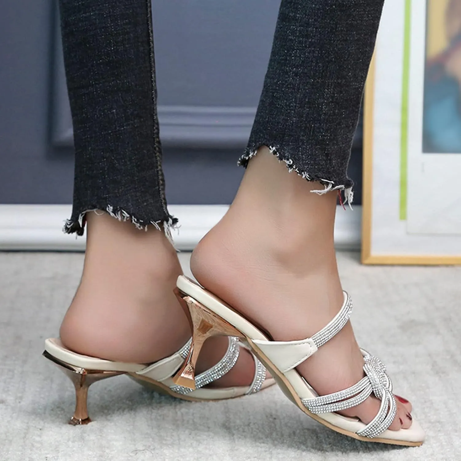 Women's Heeled Sandals Open Toe Stiletto Heel Slingback Pumps Square Toe Double Strap Mules for Part𝐲 Wedding
