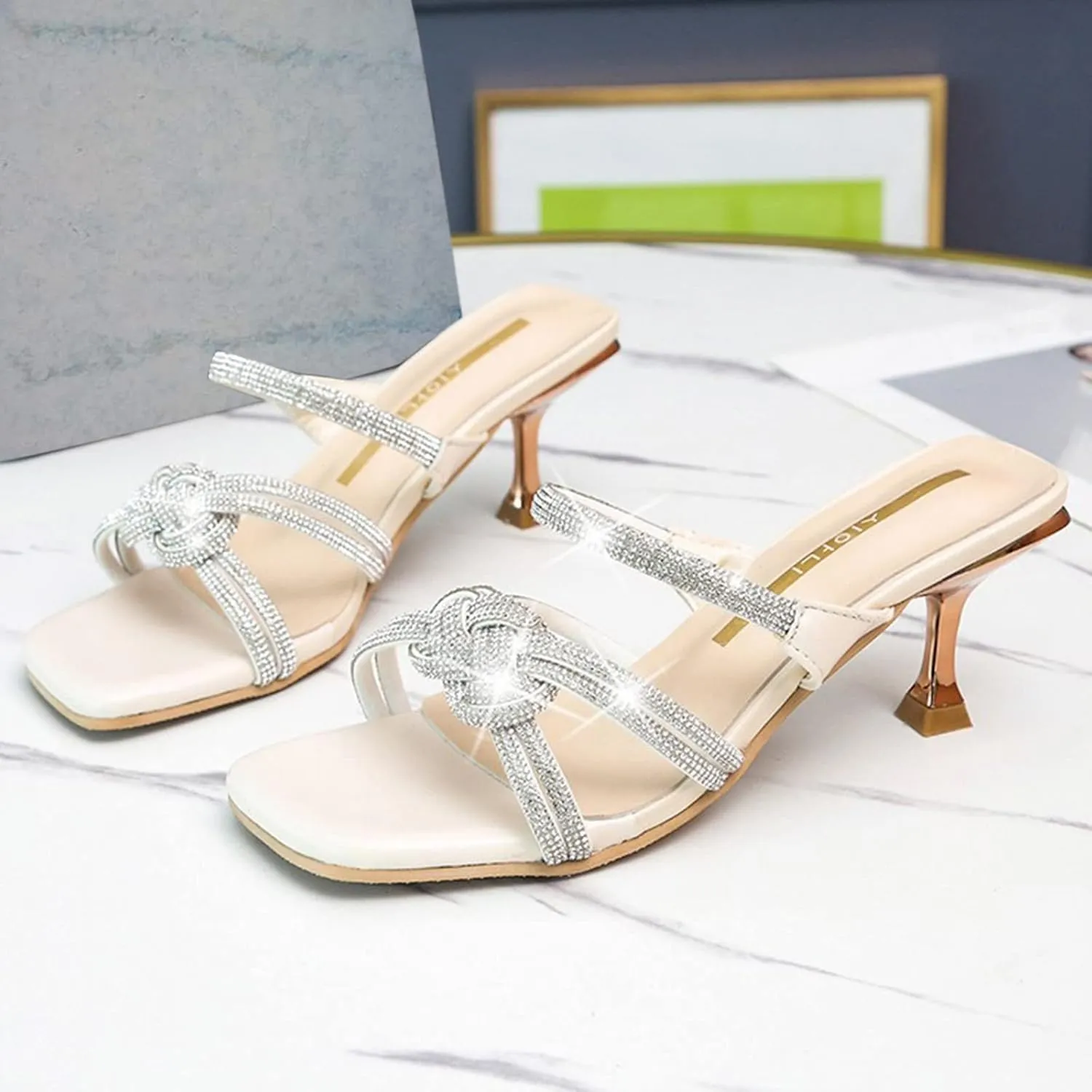 Women's Heeled Sandals Open Toe Stiletto Heel Slingback Pumps Square Toe Double Strap Mules for Part𝐲 Wedding