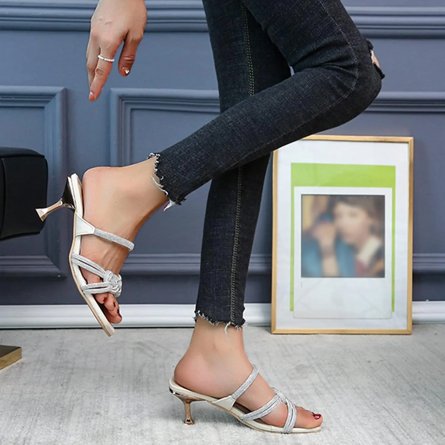 Women's Heeled Sandals Open Toe Stiletto Heel Slingback Pumps Square Toe Double Strap Mules for Part𝐲 Wedding