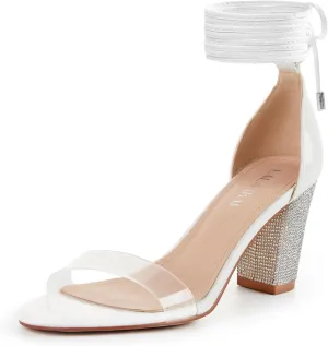 Women's Heels Chunky High Heels Sandals for Women Comfy Open Toe Strappy Rhinestone Heeled White Silver Gold Black Ankle Clear Dress Shoes