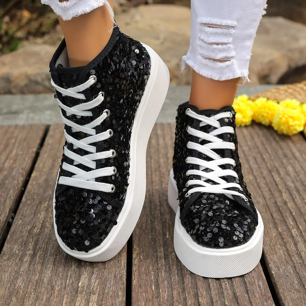 Women's High Top Canvas Shoes Casual Lace up Fashion Sneaker Shoes Rhinestone Bling Wedding Bridal Shoes Shiny Sequin Shoes