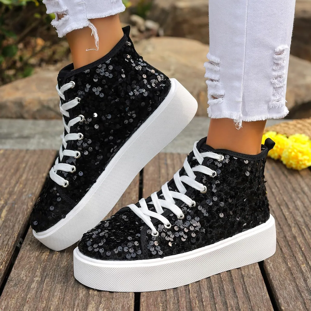 Women's High Top Canvas Shoes Casual Lace up Fashion Sneaker Shoes Rhinestone Bling Wedding Bridal Shoes Shiny Sequin Shoes