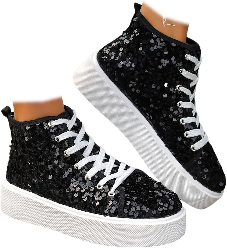 Women's High Top Canvas Shoes Casual Lace up Fashion Sneaker Shoes Rhinestone Bling Wedding Bridal Shoes Shiny Sequin Shoes