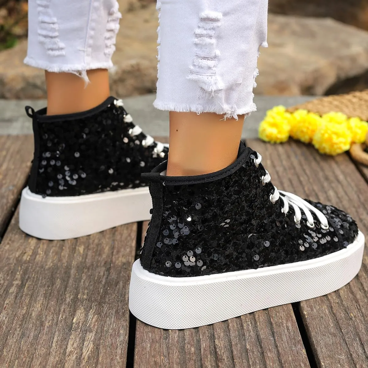 Women's High Top Canvas Shoes Casual Lace up Fashion Sneaker Shoes Rhinestone Bling Wedding Bridal Shoes Shiny Sequin Shoes