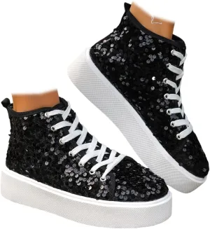 Women's High Top Canvas Shoes Casual Lace up Fashion Sneaker Shoes Rhinestone Bling Wedding Bridal Shoes Shiny Sequin Shoes