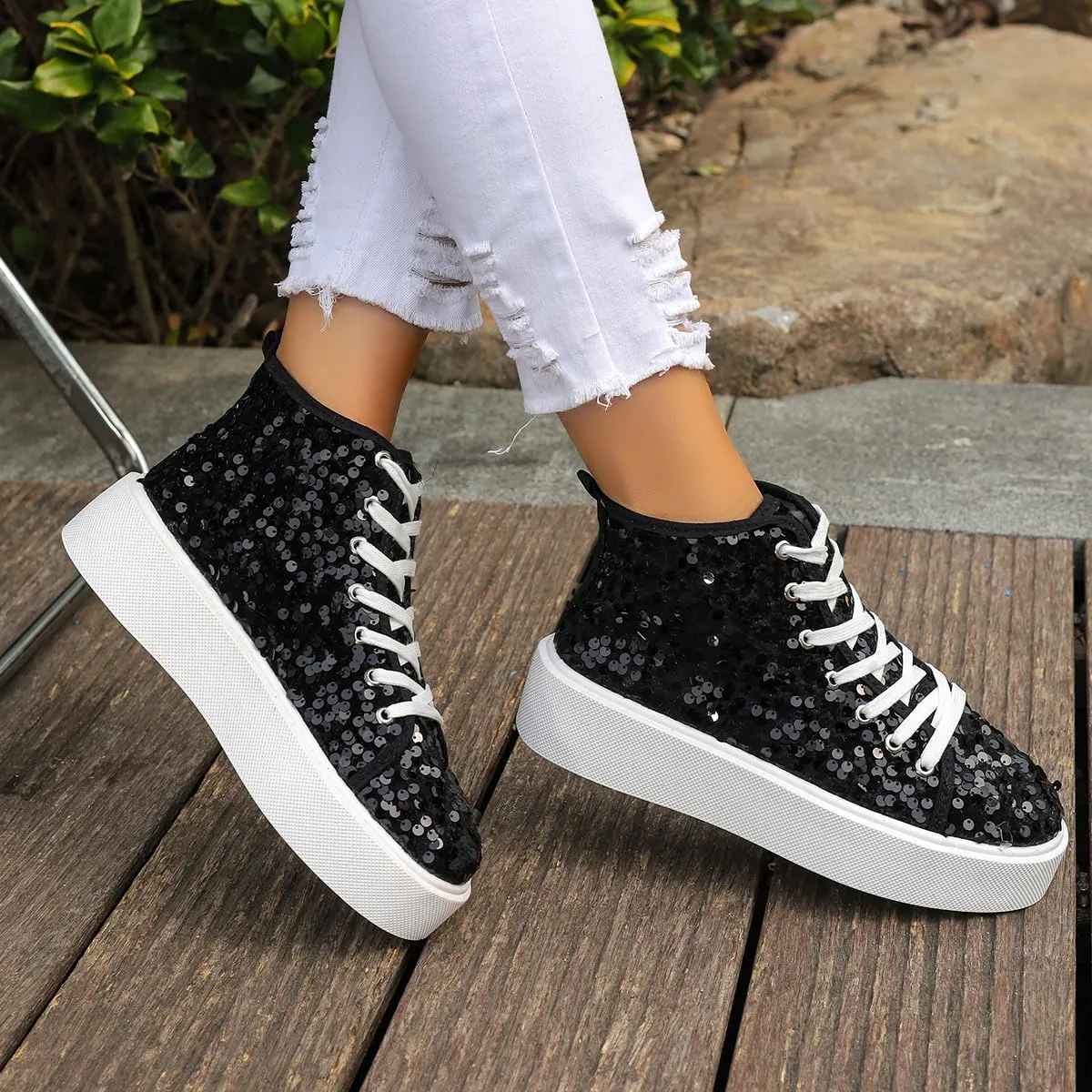 Women's High Top Canvas Shoes Casual Lace up Fashion Sneaker Shoes Rhinestone Bling Wedding Bridal Shoes Shiny Sequin Shoes
