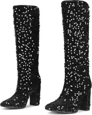Women's Knee High & Thigh High Boots - Sparkly Sequin GoGo Boots with Chunky Heel & Square Toe - Perfect for Dress, Costume & Party Shoes