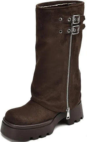 Women's Knee High Boots Comfortable Platform Round Toe Moto Boots Buckle Dress Fold Over Boots for Women