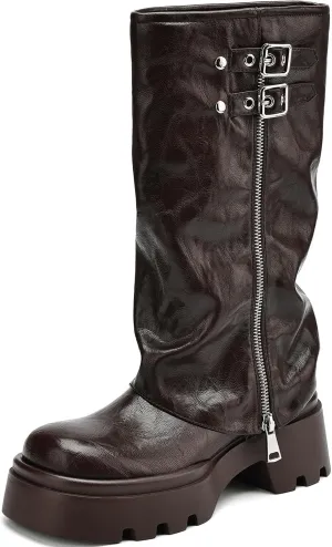 Women's Knee High Boots Comfortable Platform Round Toe Moto Boots Buckle Dress Fold Over Boots for Women