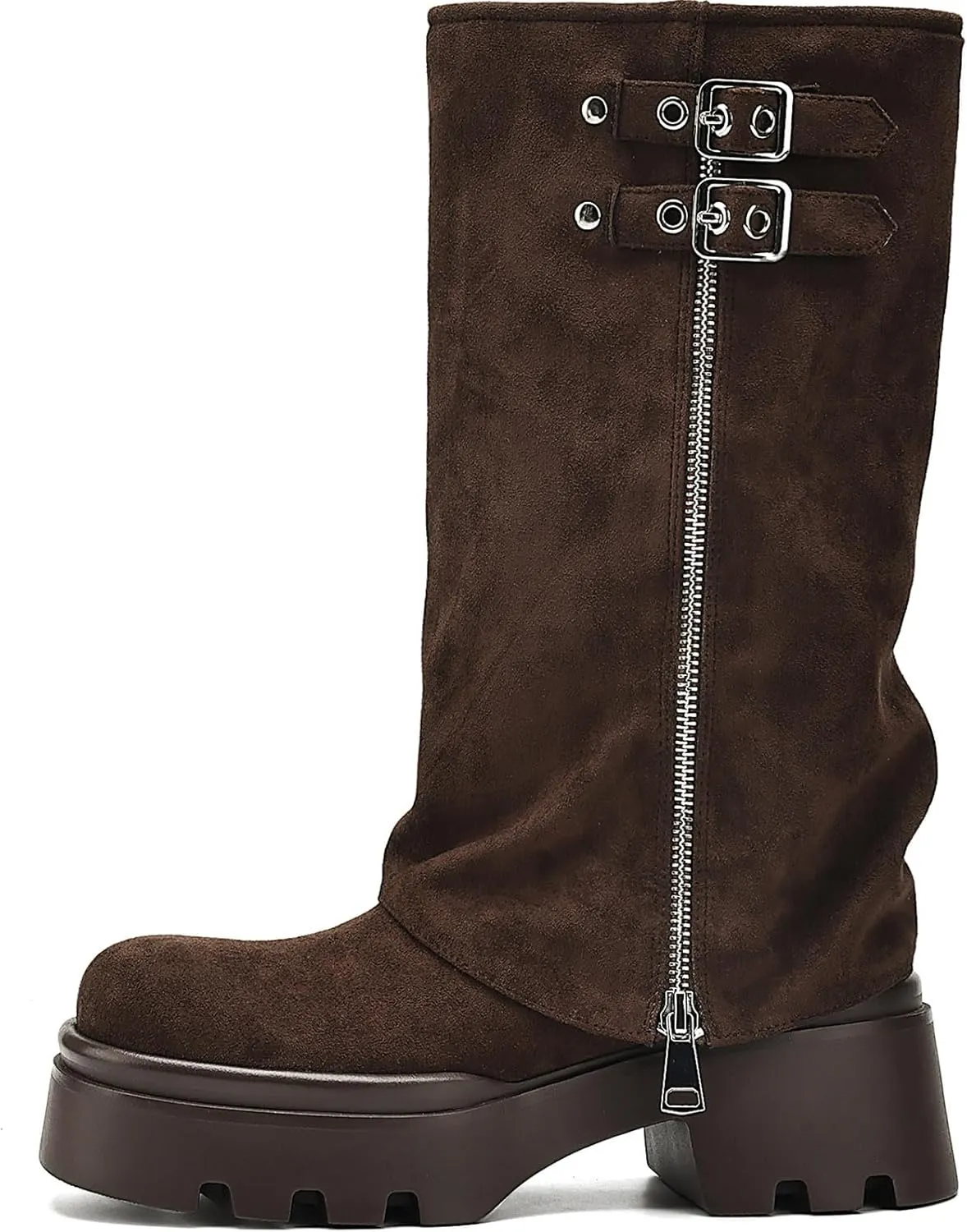 Women's Knee High Boots Comfortable Platform Round Toe Moto Boots Buckle Dress Fold Over Boots for Women