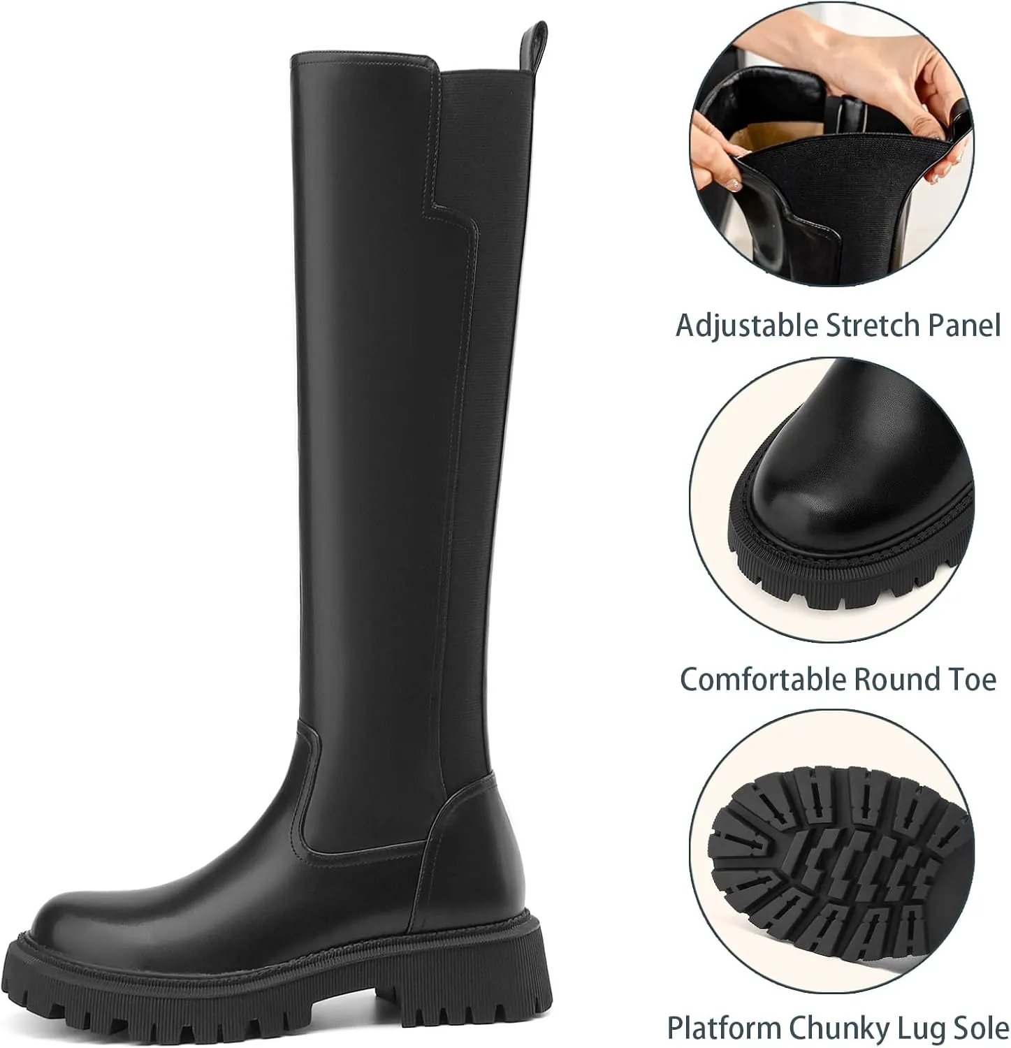 Women's Knee High Boots Fashion Platform Lug Sole Tall Riding Boots Comfortable Stretch Calf Dress Long Boots