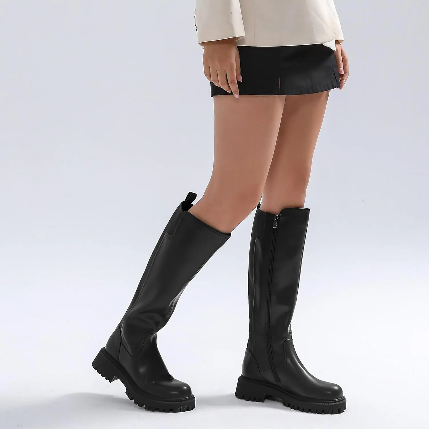 Women's Knee High Boots Fashion Platform Lug Sole Tall Riding Boots Comfortable Stretch Calf Dress Long Boots